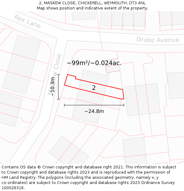 2, MASKEW CLOSE, CHICKERELL, WEYMOUTH, DT3 4NL: Plot and title map