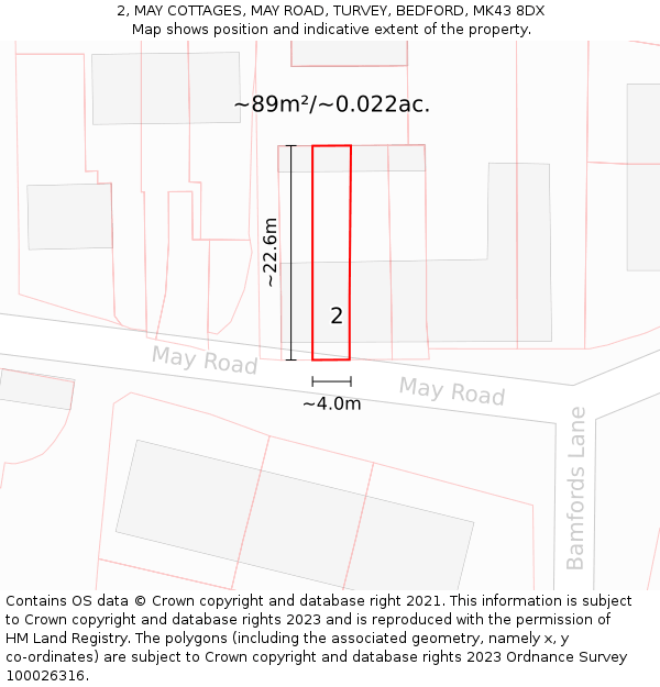 2, MAY COTTAGES, MAY ROAD, TURVEY, BEDFORD, MK43 8DX: Plot and title map