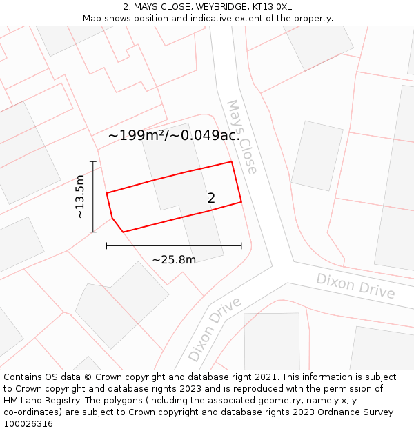 2, MAYS CLOSE, WEYBRIDGE, KT13 0XL: Plot and title map