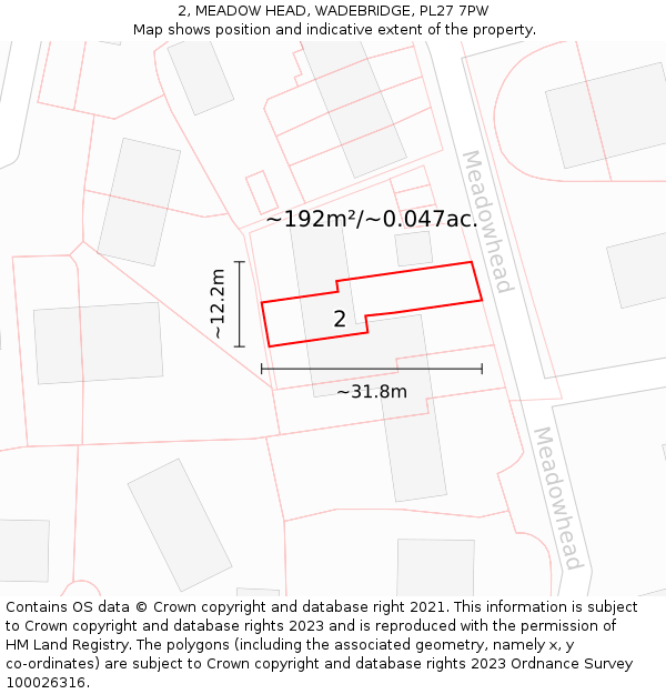 2, MEADOW HEAD, WADEBRIDGE, PL27 7PW: Plot and title map