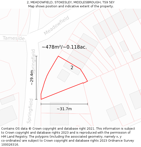 2, MEADOWFIELD, STOKESLEY, MIDDLESBROUGH, TS9 5EY: Plot and title map