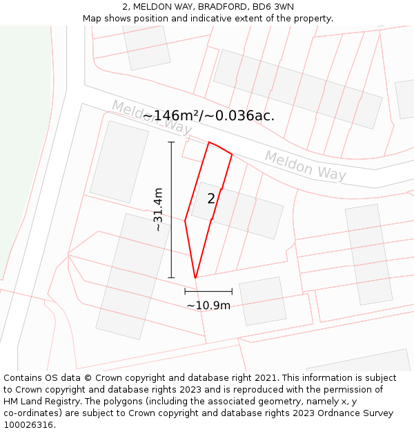 2, MELDON WAY, BRADFORD, BD6 3WN: Plot and title map
