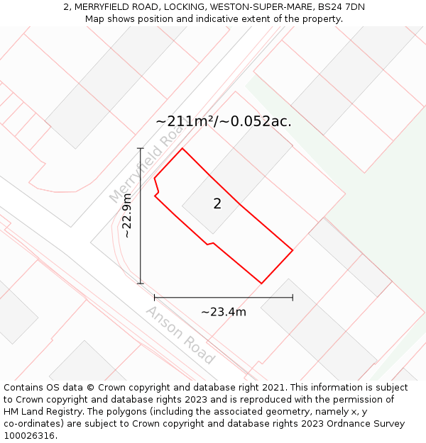 2, MERRYFIELD ROAD, LOCKING, WESTON-SUPER-MARE, BS24 7DN: Plot and title map