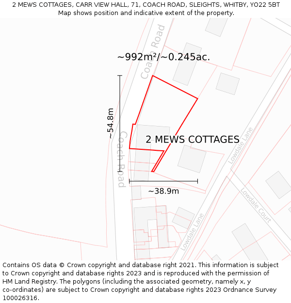 2 MEWS COTTAGES, CARR VIEW HALL, 71, COACH ROAD, SLEIGHTS, WHITBY, YO22 5BT: Plot and title map