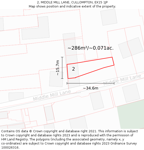 2, MIDDLE MILL LANE, CULLOMPTON, EX15 1JP: Plot and title map