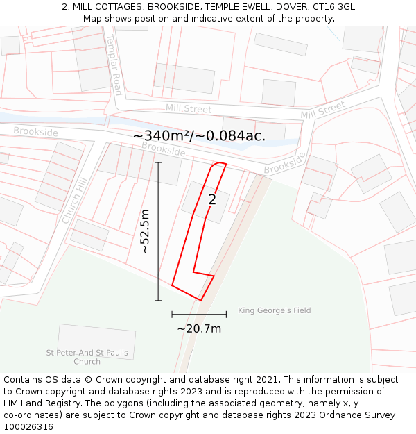 2, MILL COTTAGES, BROOKSIDE, TEMPLE EWELL, DOVER, CT16 3GL: Plot and title map