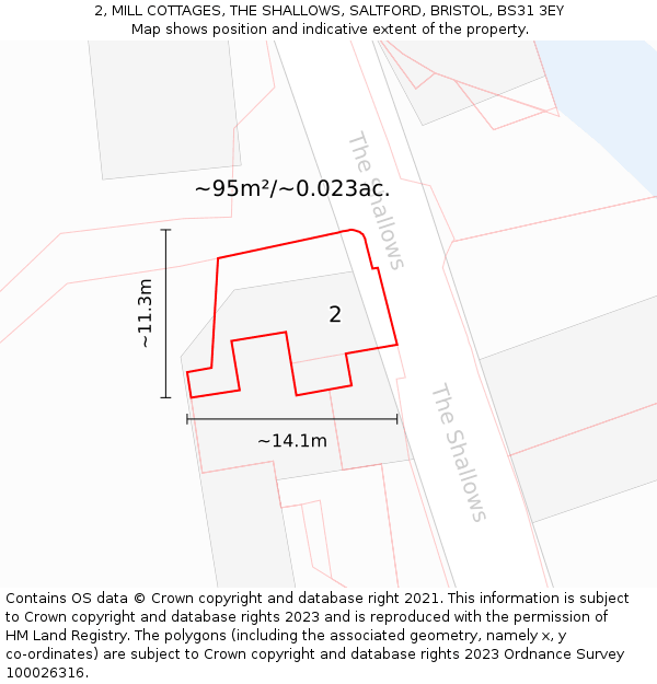 2, MILL COTTAGES, THE SHALLOWS, SALTFORD, BRISTOL, BS31 3EY: Plot and title map
