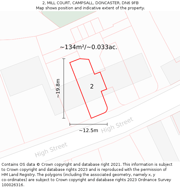 2, MILL COURT, CAMPSALL, DONCASTER, DN6 9FB: Plot and title map