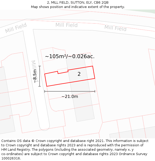2, MILL FIELD, SUTTON, ELY, CB6 2QB: Plot and title map