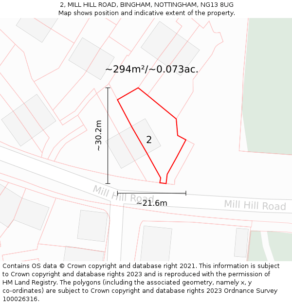2, MILL HILL ROAD, BINGHAM, NOTTINGHAM, NG13 8UG: Plot and title map
