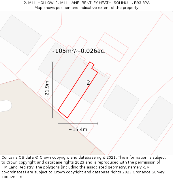 2, MILL HOLLOW, 1, MILL LANE, BENTLEY HEATH, SOLIHULL, B93 8PA: Plot and title map