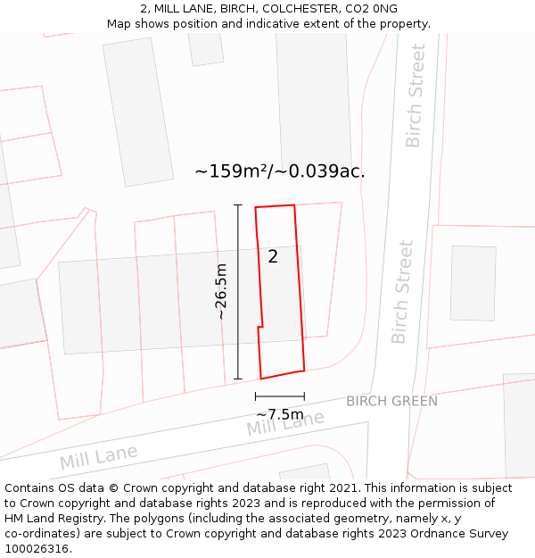 2, MILL LANE, BIRCH, COLCHESTER, CO2 0NG: Plot and title map