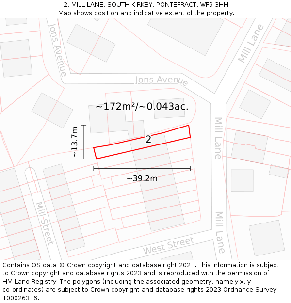2, MILL LANE, SOUTH KIRKBY, PONTEFRACT, WF9 3HH: Plot and title map