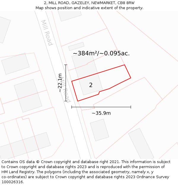 2, MILL ROAD, GAZELEY, NEWMARKET, CB8 8RW: Plot and title map