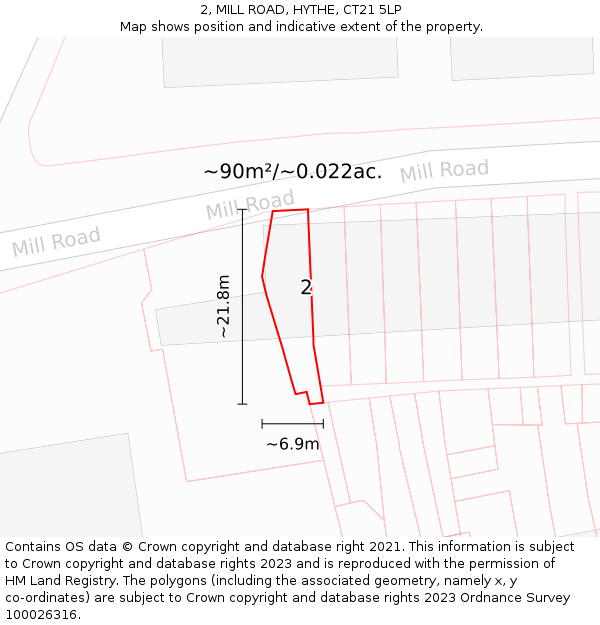 2, MILL ROAD, HYTHE, CT21 5LP: Plot and title map