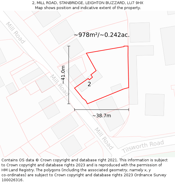 2, MILL ROAD, STANBRIDGE, LEIGHTON BUZZARD, LU7 9HX: Plot and title map