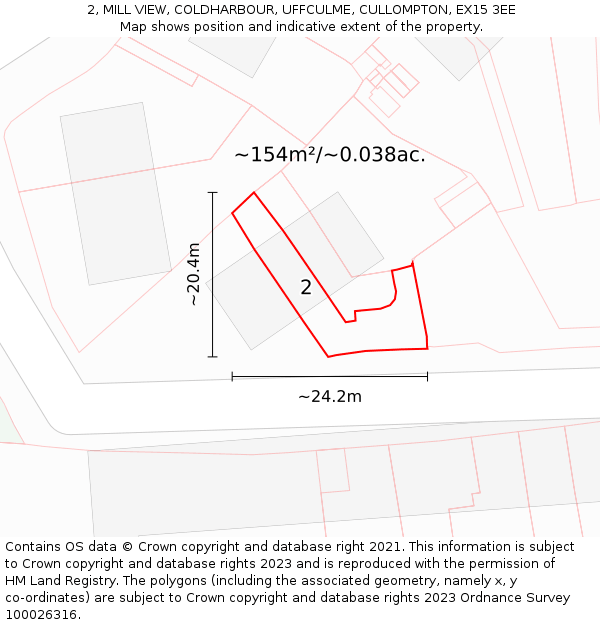 2, MILL VIEW, COLDHARBOUR, UFFCULME, CULLOMPTON, EX15 3EE: Plot and title map