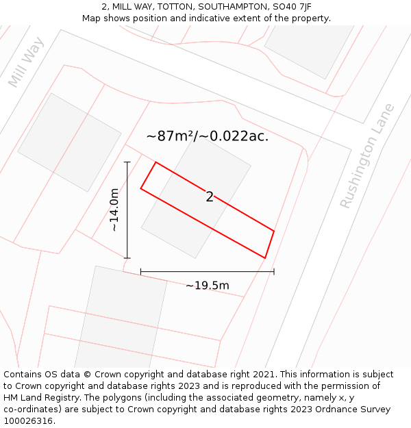 2, MILL WAY, TOTTON, SOUTHAMPTON, SO40 7JF: Plot and title map