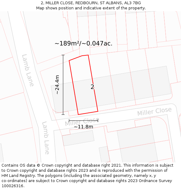 2, MILLER CLOSE, REDBOURN, ST ALBANS, AL3 7BG: Plot and title map