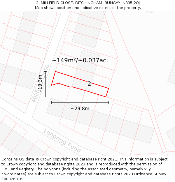 2, MILLFIELD CLOSE, DITCHINGHAM, BUNGAY, NR35 2QJ: Plot and title map
