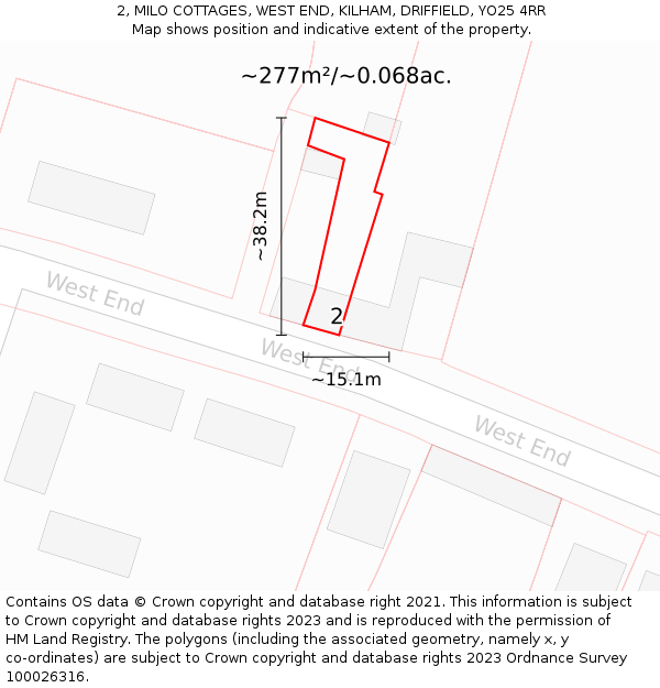 2, MILO COTTAGES, WEST END, KILHAM, DRIFFIELD, YO25 4RR: Plot and title map