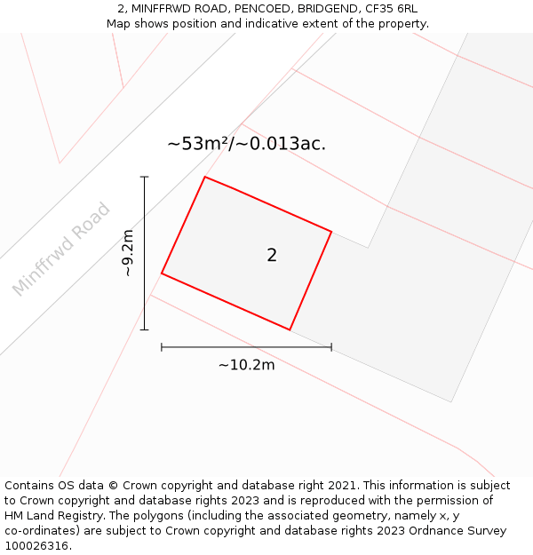 2, MINFFRWD ROAD, PENCOED, BRIDGEND, CF35 6RL: Plot and title map