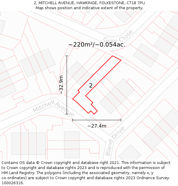 2, MITCHELL AVENUE, HAWKINGE, FOLKESTONE, CT18 7PU: Plot and title map