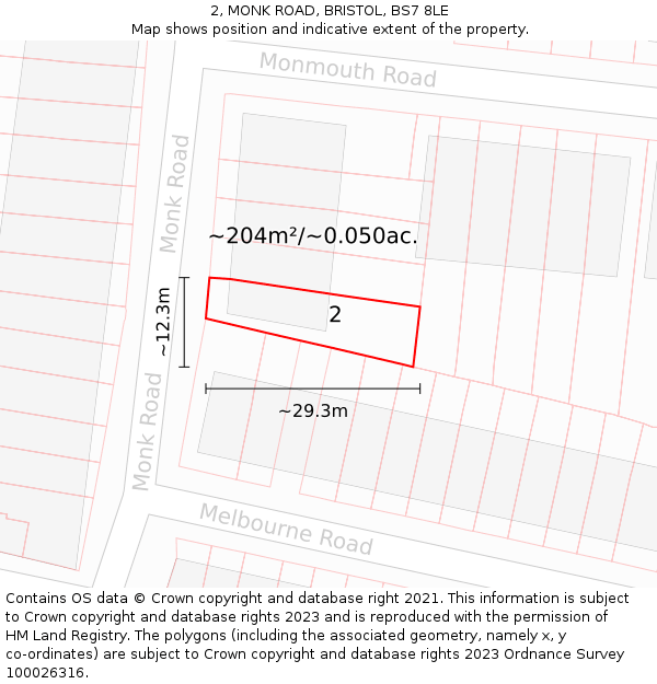 2, MONK ROAD, BRISTOL, BS7 8LE: Plot and title map