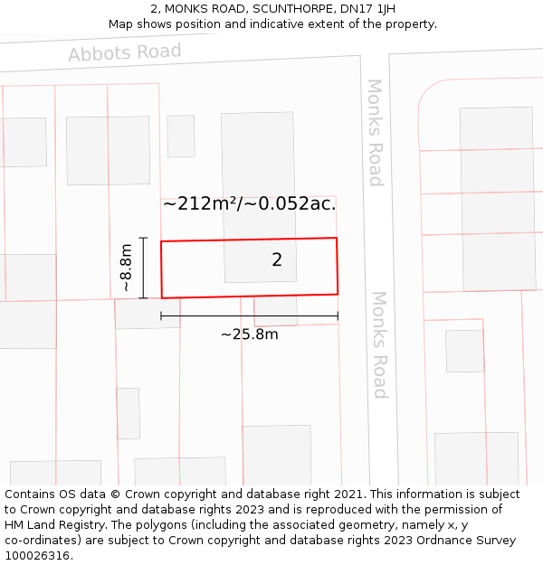 2, MONKS ROAD, SCUNTHORPE, DN17 1JH: Plot and title map