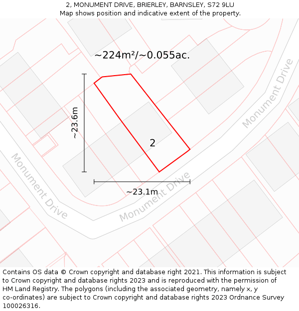 2, MONUMENT DRIVE, BRIERLEY, BARNSLEY, S72 9LU: Plot and title map
