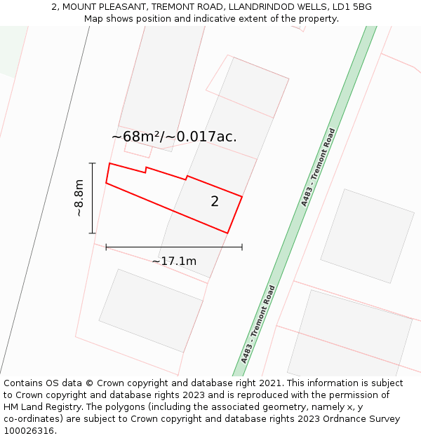 2, MOUNT PLEASANT, TREMONT ROAD, LLANDRINDOD WELLS, LD1 5BG: Plot and title map