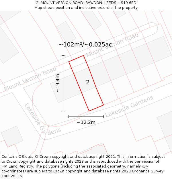 2, MOUNT VERNON ROAD, RAWDON, LEEDS, LS19 6ED: Plot and title map