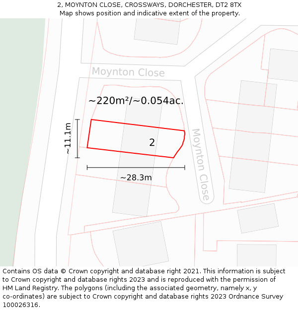 2, MOYNTON CLOSE, CROSSWAYS, DORCHESTER, DT2 8TX: Plot and title map