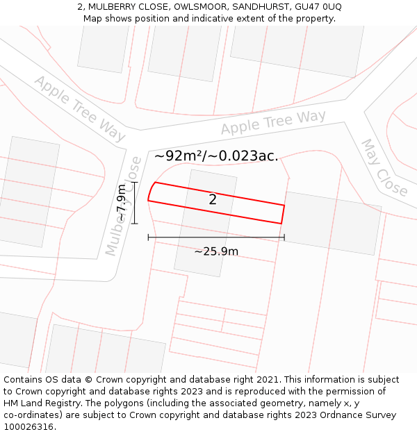 2, MULBERRY CLOSE, OWLSMOOR, SANDHURST, GU47 0UQ: Plot and title map