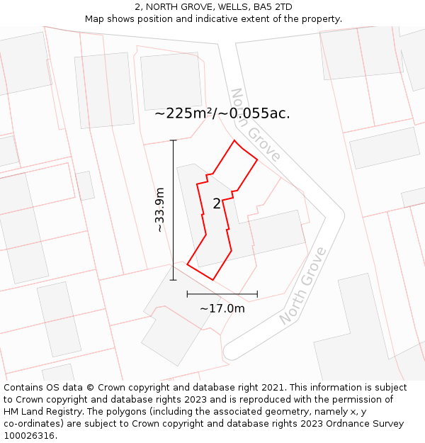 2, NORTH GROVE, WELLS, BA5 2TD: Plot and title map