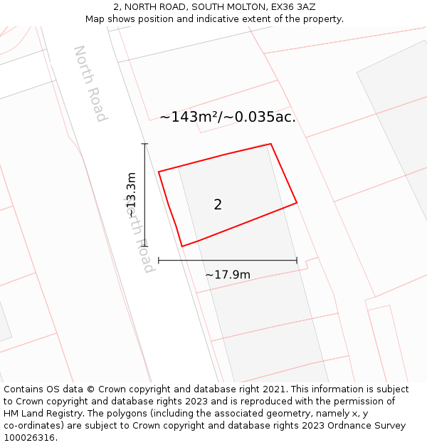 2, NORTH ROAD, SOUTH MOLTON, EX36 3AZ: Plot and title map