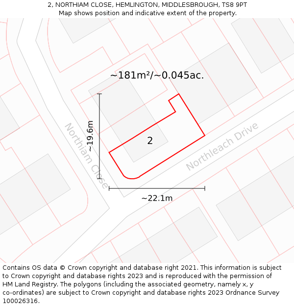 2, NORTHIAM CLOSE, HEMLINGTON, MIDDLESBROUGH, TS8 9PT: Plot and title map