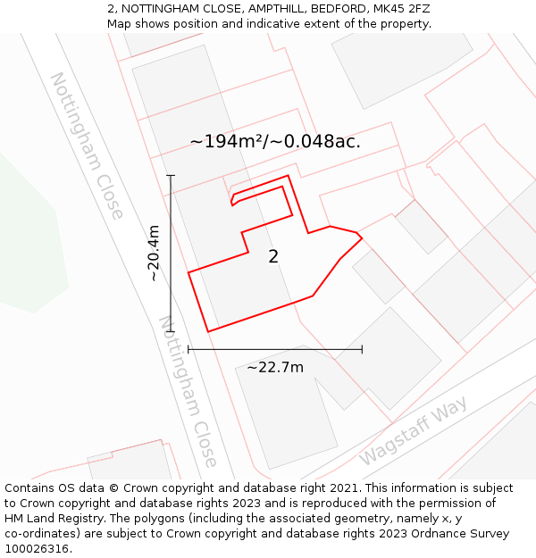 2, NOTTINGHAM CLOSE, AMPTHILL, BEDFORD, MK45 2FZ: Plot and title map