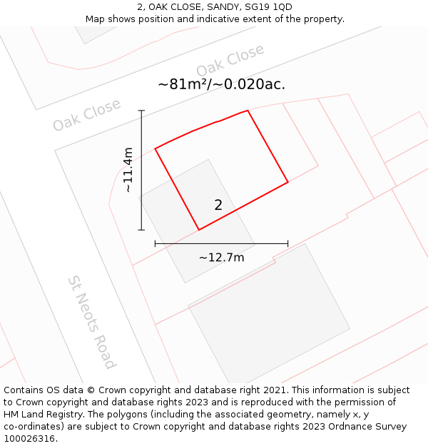 2, OAK CLOSE, SANDY, SG19 1QD: Plot and title map