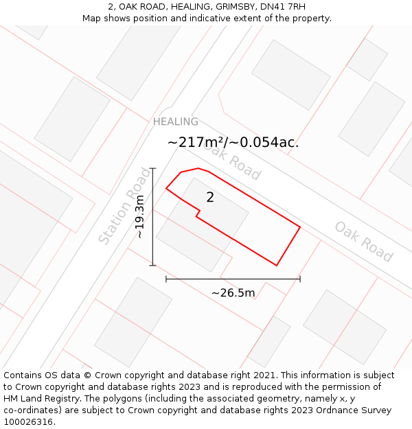 2, OAK ROAD, HEALING, GRIMSBY, DN41 7RH: Plot and title map