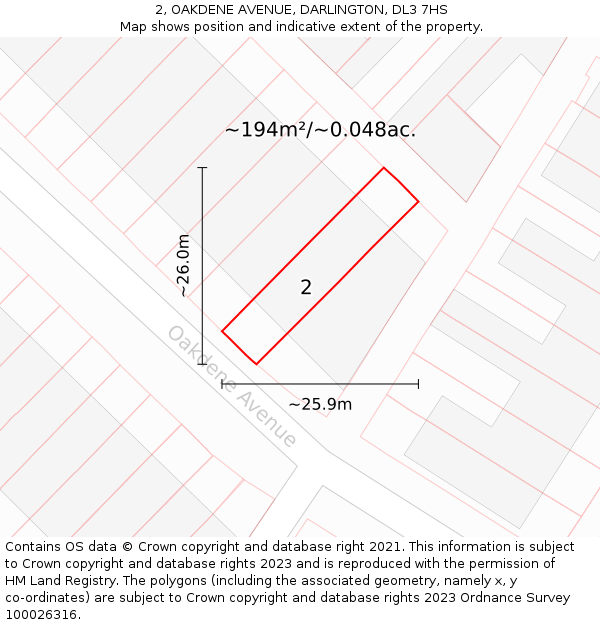 2, OAKDENE AVENUE, DARLINGTON, DL3 7HS: Plot and title map