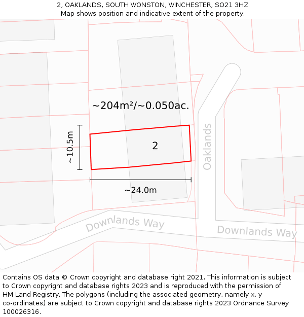 2, OAKLANDS, SOUTH WONSTON, WINCHESTER, SO21 3HZ: Plot and title map