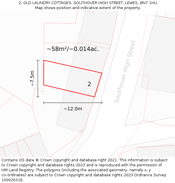 2, OLD LAUNDRY COTTAGES, SOUTHOVER HIGH STREET, LEWES, BN7 1HU: Plot and title map