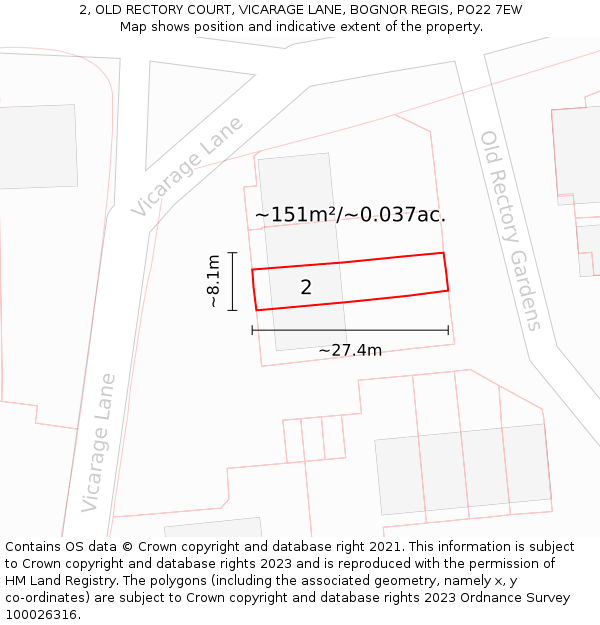 2, OLD RECTORY COURT, VICARAGE LANE, BOGNOR REGIS, PO22 7EW: Plot and title map