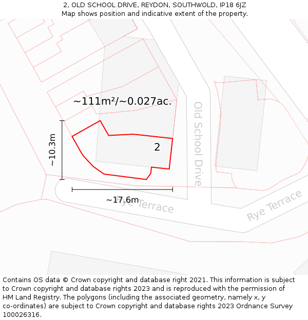 2, OLD SCHOOL DRIVE, REYDON, SOUTHWOLD, IP18 6JZ: Plot and title map