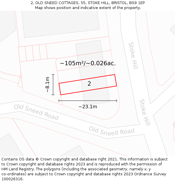 2, OLD SNEED COTTAGES, 55, STOKE HILL, BRISTOL, BS9 1EP: Plot and title map