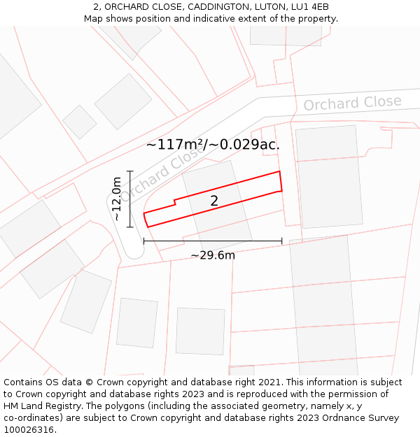 2, ORCHARD CLOSE, CADDINGTON, LUTON, LU1 4EB: Plot and title map