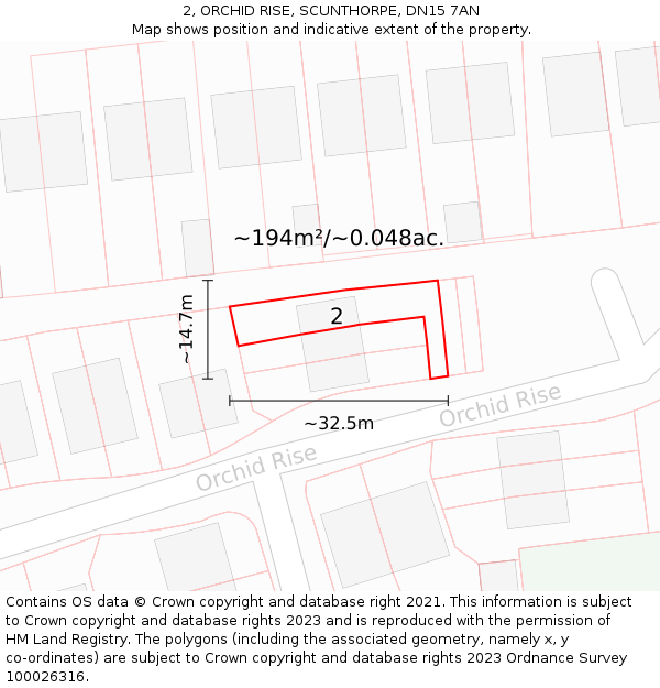 2, ORCHID RISE, SCUNTHORPE, DN15 7AN: Plot and title map
