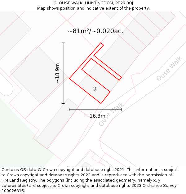 2, OUSE WALK, HUNTINGDON, PE29 3QJ: Plot and title map