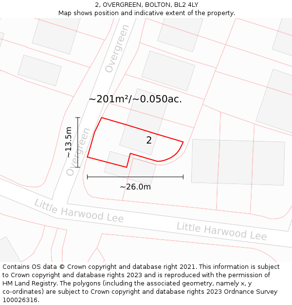 2, OVERGREEN, BOLTON, BL2 4LY: Plot and title map